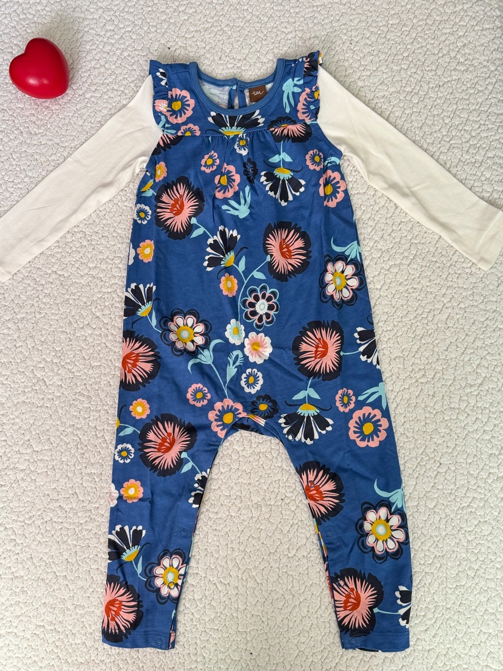 Tea Collection Blue Floral Long-Sleeve Romper with Cream Sleeves